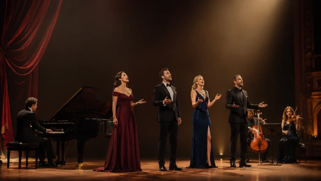 Cantantes y músicos durante un espectáculo musical para un evento