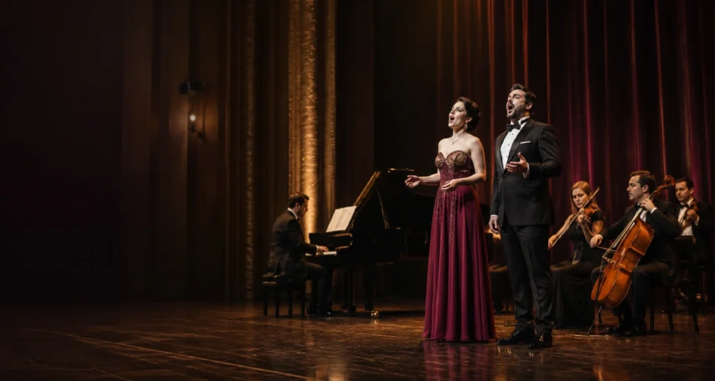 Cantantes líricos en un escenario con piano y músicos en directo