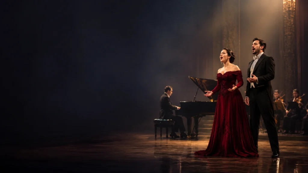 Cantantes líricos en escenario con piano y músicos en directo en un espectáculo cultural para ayuntamientos de Lírica Producciones