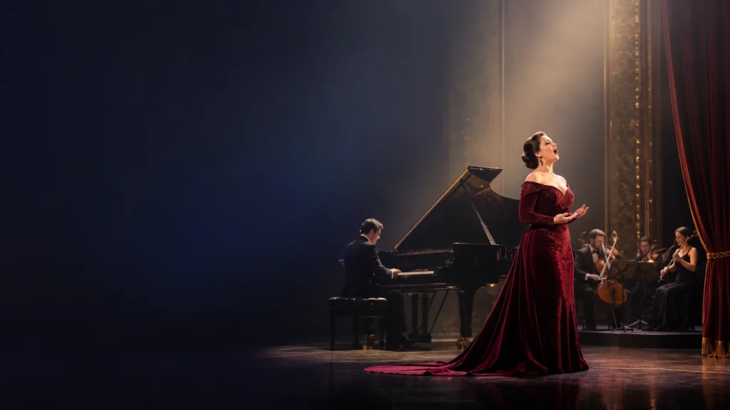 Escenario elegante con cantante lírica, piano y músicos en directo para espectáculos de ópera, zarzuela y conciertos de Lírica Producciones